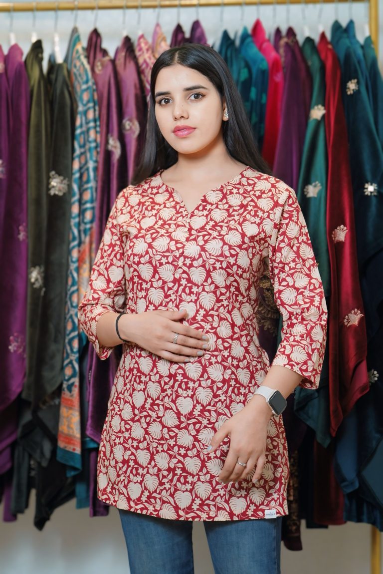 maroon block print kurti